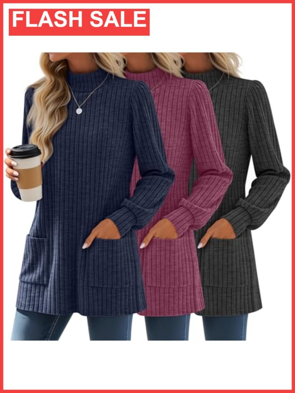3 Pack Women's Mock Neck Sweaters Tunic Tops with Pockets Ribbed Knit